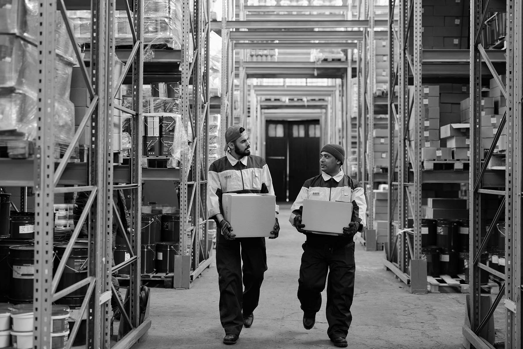 Två män som bär på paket i en lagerlokal i arbetskläder för Arena Personal.
